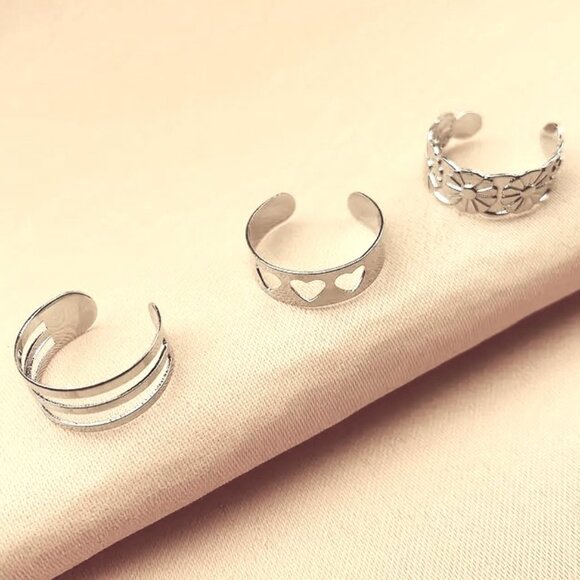 Toe Rings Foot Jewelry 3pc Silver Adjustable Beach Boho Vacation Trendy Goddess - Picture 3 of 4
